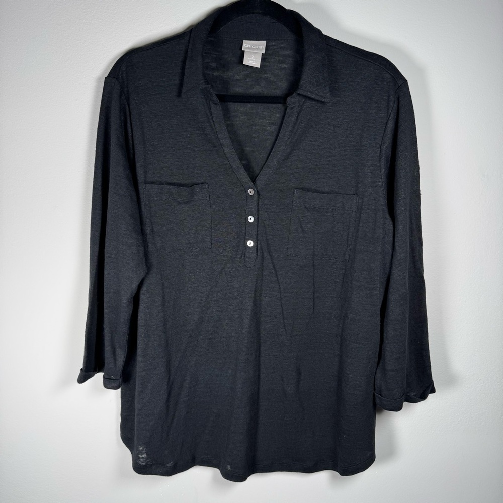 Cute Chico’s 100% Linen Black 3/4 Sleeve Blouse Shirt Size - Size 2 (Large)